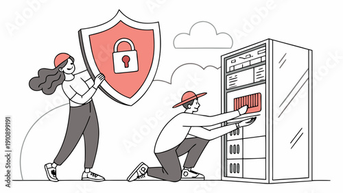 Shield protecting cloud data, glowing lock icon, futuristic technology concept, flat gradient vector style, clean composition, white background, editable layers