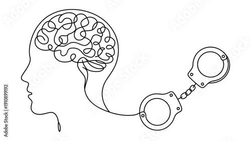 Human Brain Connected to Handcuffs Line Art Illustration Representing Mental Health, Addiction, Psychological Control and Freedom Concept