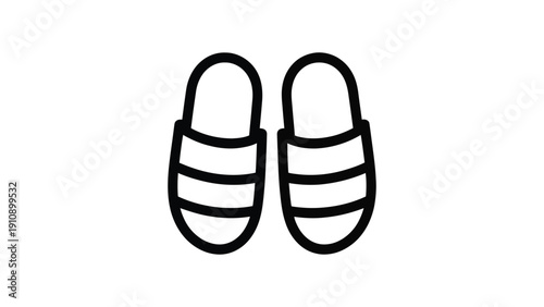 Minimalist black and white slippers icon with striped strap design, symbolizing comfort, footwear, home living, and hospitality in modern style