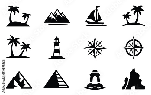 Black silhouette icons of travel and navigation symbols on white background including palm trees mountains sailboat lighthouse compass and monuments