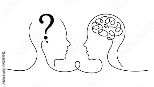 Human Head Line Art Illustration with Question Mark and Brain Concept Representing Communication, Psychology and Knowledge Exchange