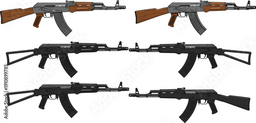 Automatic rifle illustration set showing multiple firearm variations with wooden and tactical stocks isolated on white background for military history graphics weapon design reference and vector art 