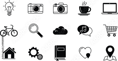 Communication and Technology Icons: Camera, Laptop, Cloud, Music