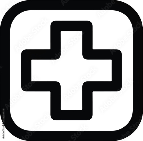 A Simple and Bold Black and White Icon Featuring a Cross Symbol Within a Rounded Square Frame for Medical or Health-Related Applications
