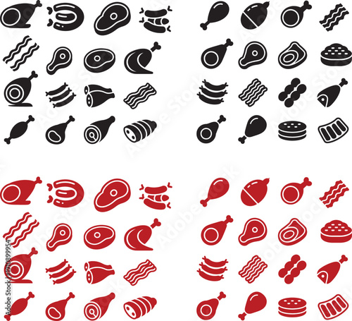 Large Meat and Poultry Icon Set with Beef Pork and Chicken Silhouettes. vector