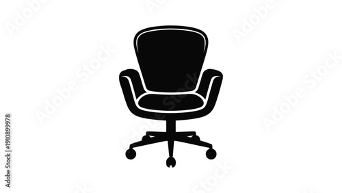 Black silhouette of ergonomic office chair with high backrest, armrests, and five-wheel base, symbolizing workplace comfort and modern furniture