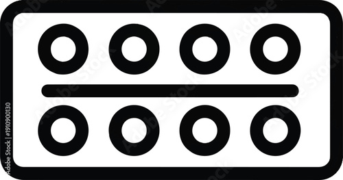 Simple black and white illustration of a blister pack with eight circular pills or capsules, representing medicine or pharmaceuticals