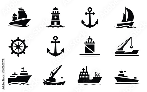 Nautical icons set including ships boats anchors lighthouses and steering wheels in black silhouette on white background for maritime and navigation themes