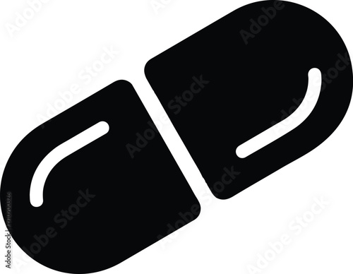 A minimalist black and white icon depicting a capsule, symbolizing medicine, health, or pharmaceuticals