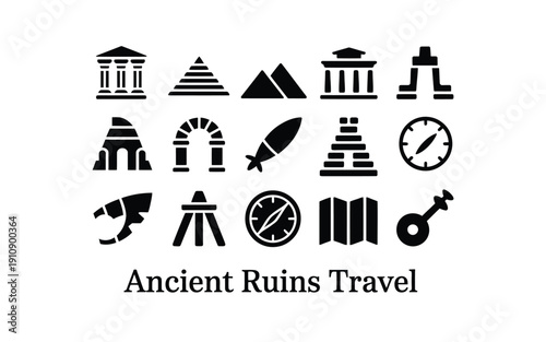 Ancient ruins and travel icons for history and exploration concepts
