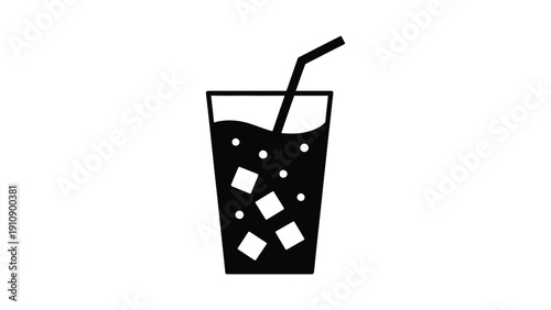 Black and white icon of beverage glass with ice cubes, bubbles, and straw, minimalist symbol representing cold drink, refreshment, and hospitality
