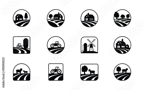 Agricultural icons set including farm tractor barn windmill and rural landscape silhouettes in black