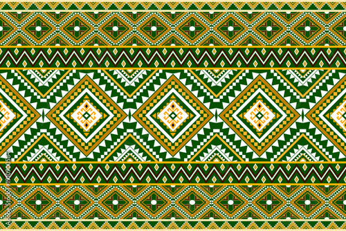 Vibrant green and gold tribal seamless pattern with intricate geometric borders, zigzags, and ethnic diamond shapes. Ideal for bohemian fashion, luxury textiles, and cultural decor.
