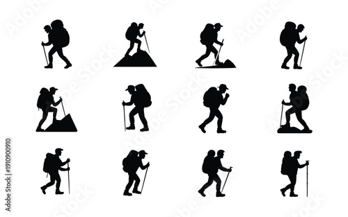 Hikers in various poses with backpacks and trekking poles on different terrains black silhouettes on white background