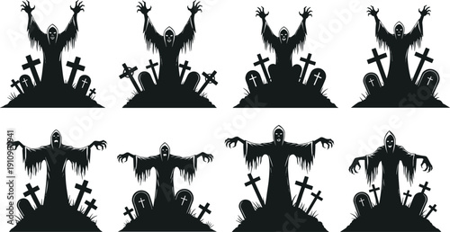 Hooded grim reaper rising from cemetery graves spooky gothic horror vector illustration isolated character collection set