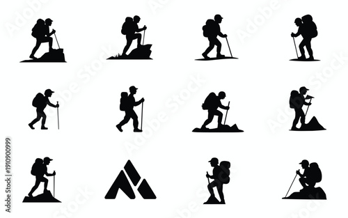 Hikers climbing mountains with backpacks and trekking poles in various poses on white background