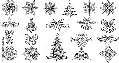 Decorative Christmas Ornaments and Swirls Vector Art