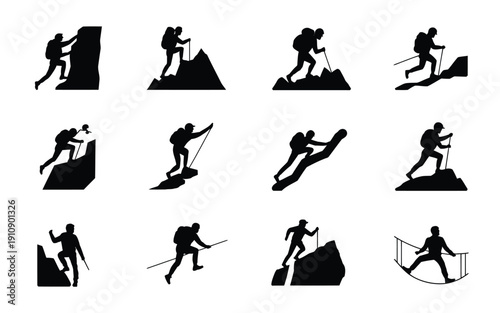 Hikers climbing mountains in various poses black silhouettes on white background adventure and exploration concepts