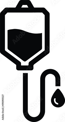 Medical IV drip bag with tubing and a drop falling from the end, representing healthcare and treatment