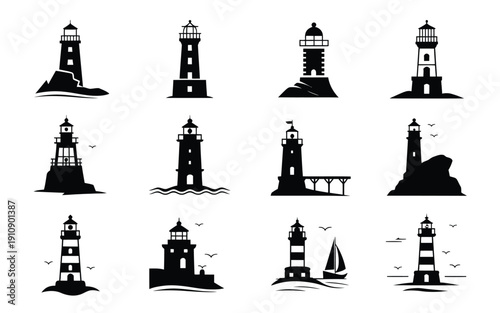 Collection of various lighthouse silhouettes with different architectural styles and coastal settings