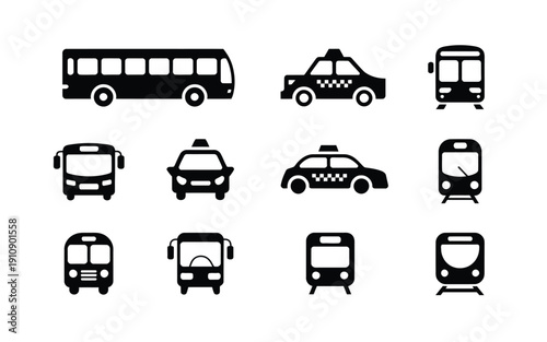 Foto Various public transportation vehicles icons set including buses taxis trains an