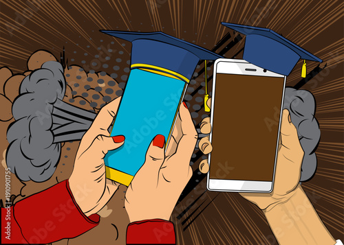Cartoon Smartphone, comic book Telephone with Graduation Cap. Retro vector comics pop art design.