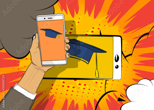 Cartoon Smartphone, comic book Telephone with Graduation Cap. Retro vector comics pop art design.