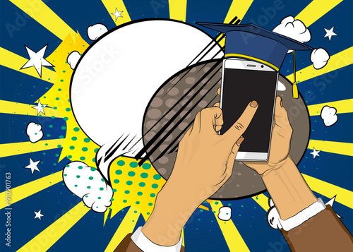 Cartoon Smartphone, comic book Telephone with Graduation Cap. Retro vector comics pop art design.