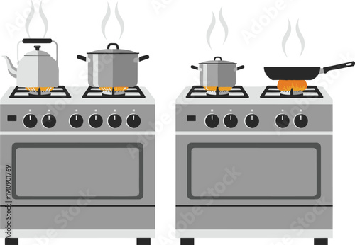 Modern Kitchen Gas Stove Illustration Featuring Stainless Steel Pots, Frying Pan, and Boiling Tea Kettle with Steam for Cooking, Culinary, and Home Appliance Design Themes