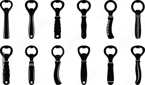 Black Bottle Opener Silhouette Vector Set Featuring Diverse Handle Designs and Shapes Isolated on White Background for Barware Kitchen Tool and Beverage Service Graphic Design.