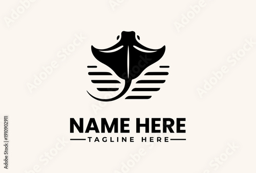 A stylized black stingray logo with horizontal lines on a beige background, accompanied by placeholder text for a name and tagline in a modern typographic design.