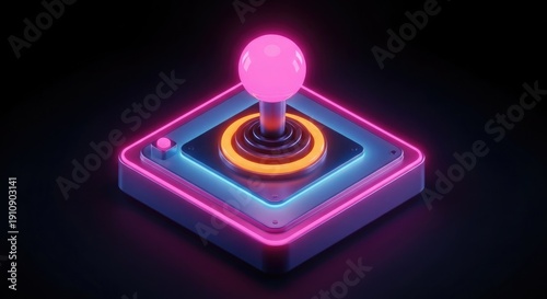 Neon lit arcade joystick on a futuristic control panel
