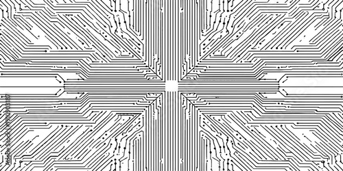 Abstract electronic circuit board design featuring a seamless digital pattern of computer technology lines and microchip textures on a vector illustration motherboard background