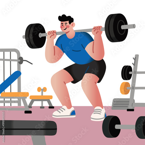 Cartoon man doing deep squats for fitness