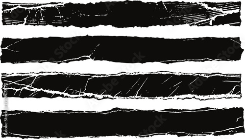 Grunge distressed horizontal black brush strokes set with rough weathered texture and torn edges