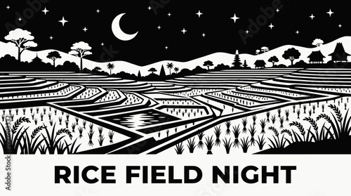 night rice field landscape black and white with vector crescent moon and scattered stars across dark rural sky above agricultural horizon showing celestial astronomy galaxy environment