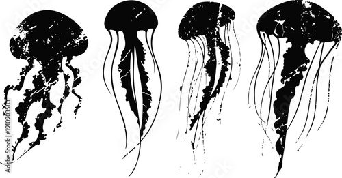 Silhouettes of jellyfish in black ink with various tentacle shapes and fluid forms