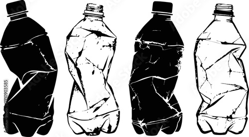 Crumpled plastic bottles silhouette set in black and white, recycling and waste management concept