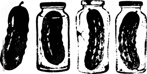 Pickle illustration set whole cucumber and pickles in jars fermentation, preserved vegetables, sour snack concept