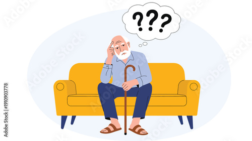 "Cartoon elderly man on couch with cane and thought bubble of question marks symbolizing confusion, memory issues or puzzlement in aging"
