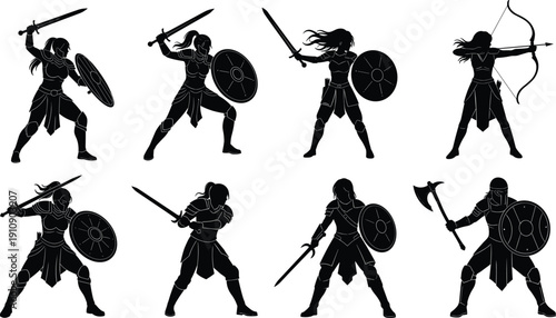 Black Female Warrior Silhouette Vector Set Featuring Valkyrie Characters with Swords Shields Bows and Axes Isolated on White Background for Fantasy Game and Adventure Design.