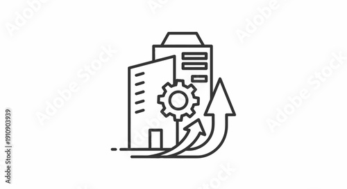 Simple Line Drawing of Server with Gear and Arrow.