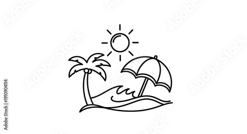 Simple Line Drawing of Beach Scene with Palm Tree and Umbrella.