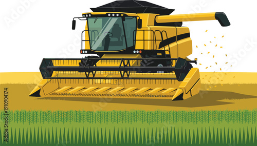 Modern Yellow Combine Harvester Working in a Gold Wheat Field for Industrial Agriculture, Farming Machinery, Grain Harvesting, and Agribusiness Rural Landscape Design Elements