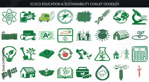 32 Hand Drawn Eco Education Icons - Sustainable Energy Chalk Doodle Vector Bundle