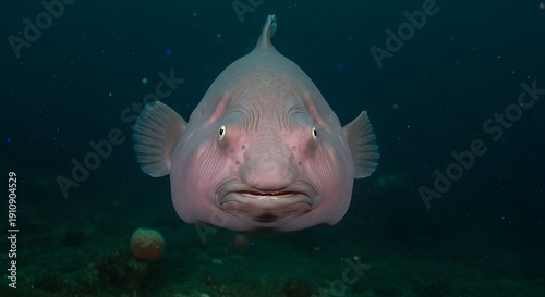 Front view portrait of a peculiar pink blobfish underwater, showing its unique, gelatinous appearance in the deep sea.