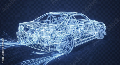 Wireframe Car Design on Dark Background.