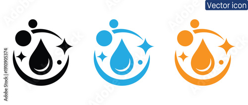 Stylish water drop icon set in black, blue, and orange, perfect for modern branding and design projects
