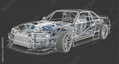 Wireframe Car Design Model Vehicle.