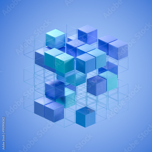 Data Analysis, Big data concept. Cubes and cube wireframes arranged in threedimensional space. Shades of blue. Blue vignette background